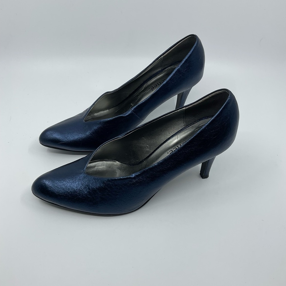 Vintage J. Renee Metallic Navy Leather V-cut Pumps Heels